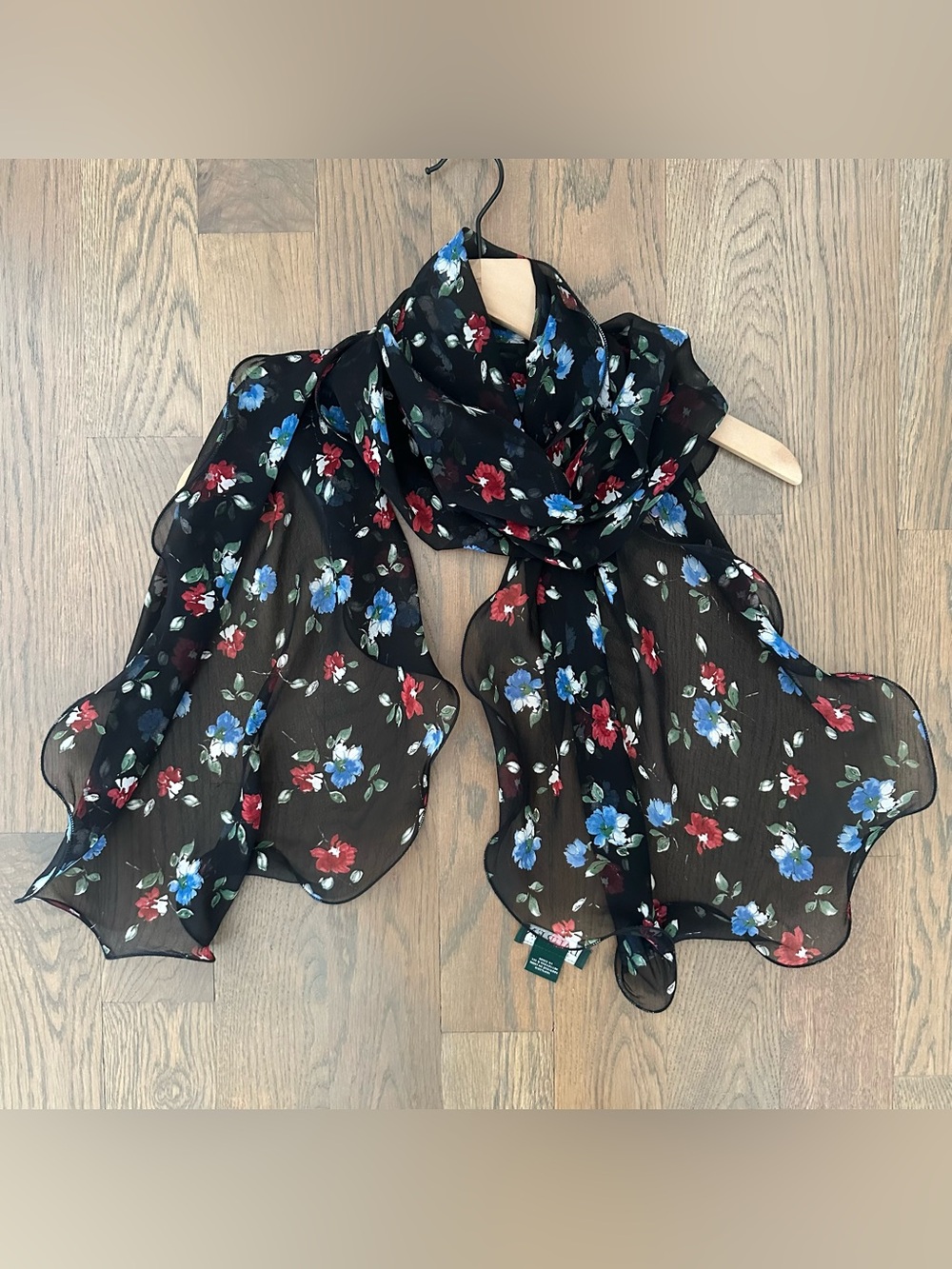 Vintage Ralph Lauren Ruffle Sheer Silk Floral Oblong Scarf Black Multicolor 64"